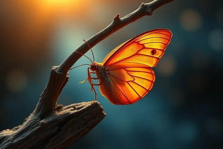 A chrysalis slowly transforming into a butterfly on a branch, illuminated by a gentle, evolving light, surrounded by subtle astrological glyphs etched into the background, symbolism of transformation and growth.