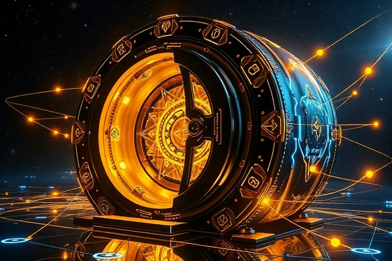 Digital 3D illustration of a glowing futuristic vault with abstract symbols of wealth and interconnected resource lines.