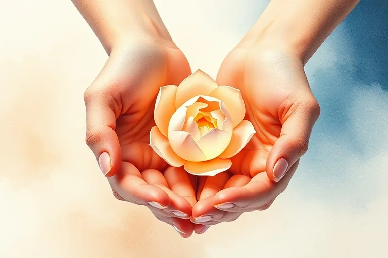 Watercolor painting of hands gently holding a blooming plant, symbolizing growth, inner peace, and personal value.