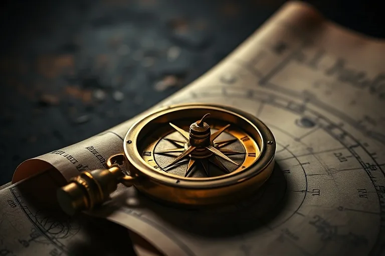 Cinematic still life of an antique compass and star chart, connected by silver threads, symbolizing collaboration and harmonious astrological connections.