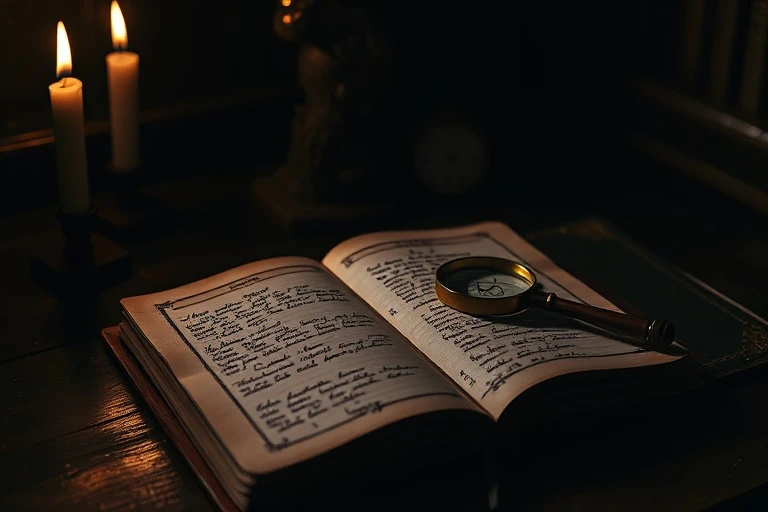 A dimly lit wooden desk with an antique, open leather-bound journal. A flickering candle casts long shadows, illuminating a vintage magnifying glass resting on a page with handwritten astrological symbols and introspective notes.