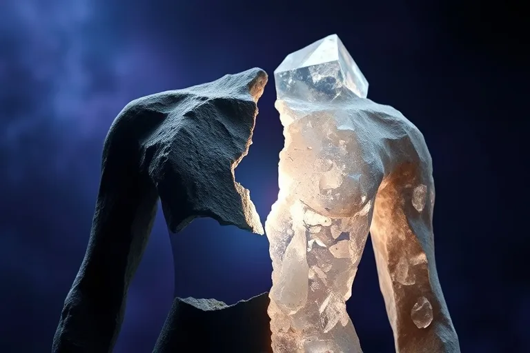 A fragmented sculpture of a human form, made of dark, rough stone, gradually transitions into smooth, polished crystal as light shines upon it. The background is an ethereal gradient of deep blues and purples, symbolizing integration.