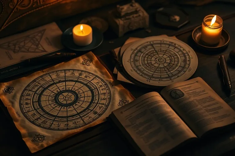 Still life of ancient astrological charts and a weathered journal with cryptic symbols, illuminated by a candle.