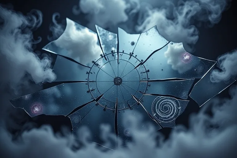 Abstract art of a fragmented mirror reflecting distorted astrological constellations, surrounded by mist.