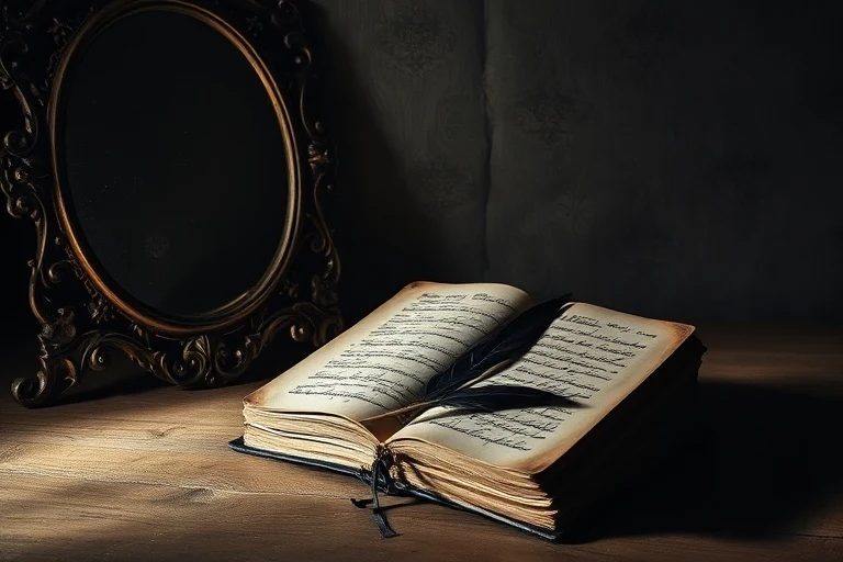 Still life photography of a worn leather journal and quill next to a dark, antique mirror, symbolizing introspection and the reflection of hidden aspects.