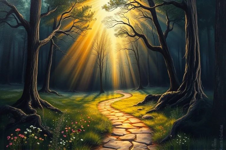 Oil painting of a symbolic landscape with a path leading from a bright meadow into a dark, mysterious forest, representing the journey into the unconscious.