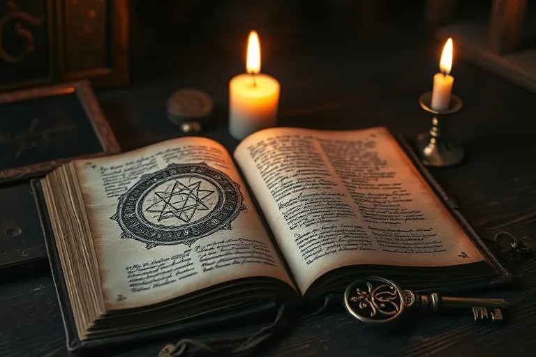 An antique, leather-bound journal open on a wooden desk, illuminated by a flickering candle. Intricate script and symbolic doodles fill its pages, with a tarnished key resting nearby.