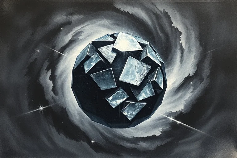 A fragmented crystal sphere, with dark and luminous facets, floating in a swirling vortex, symbolizing the integration of conscious and unconscious elements.