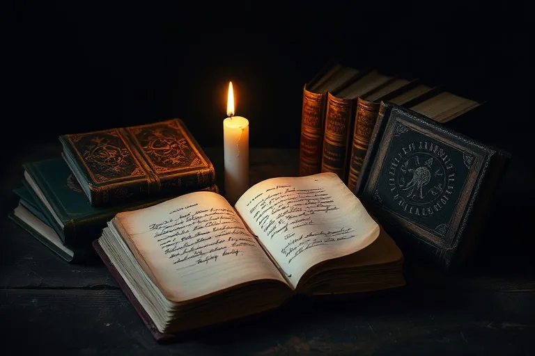 An open, worn leather-bound journal surrounded by antique psychological texts and a burning candle, symbolizing deep introspection.