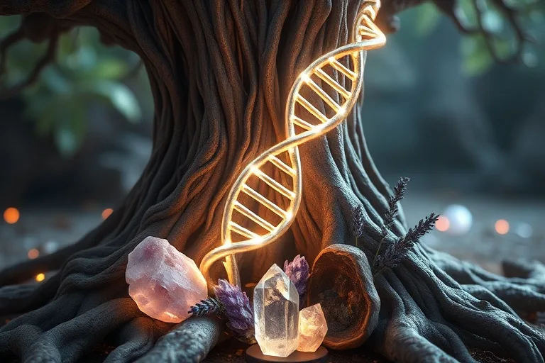 3D digital illustration of a glowing DNA helix intertwining with ancient roots, surrounded by luminous crystals and dried herbs