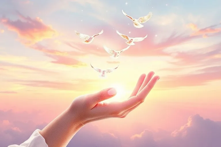 Watercolor painting of an ethereal hand releasing glowing, translucent birds into a vast, open dawn sky