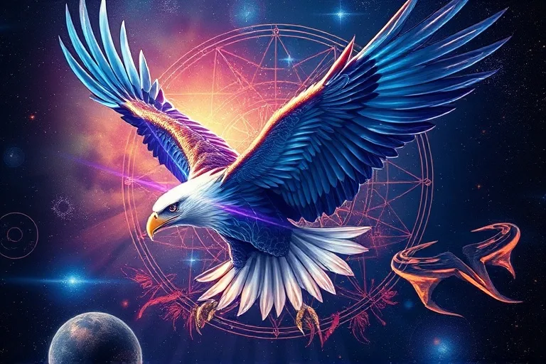 A stylized, abstract digital painting depicting a majestic eagle's silhouette soaring through a vibrant, swirling nebula, its wings spread wide.