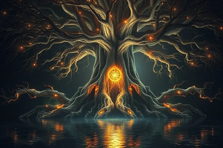 A conceptual 3D render depicting intertwined roots of an ancient, glowing tree merging with luminous energetic pathways, extending into a shimmering pool.