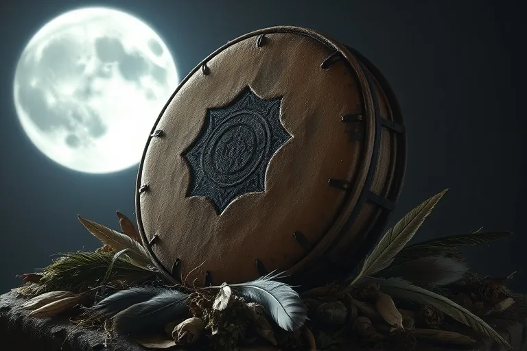 Weathered, ancient drum resting on dried herbs and feathers, illuminated by moonlight.