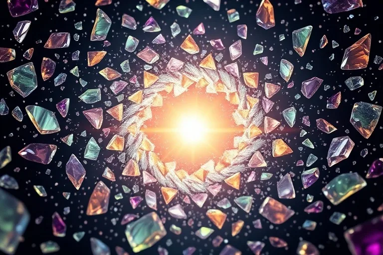 Fragmented, glowing crystal shards reassembling around a central pulsing light source.