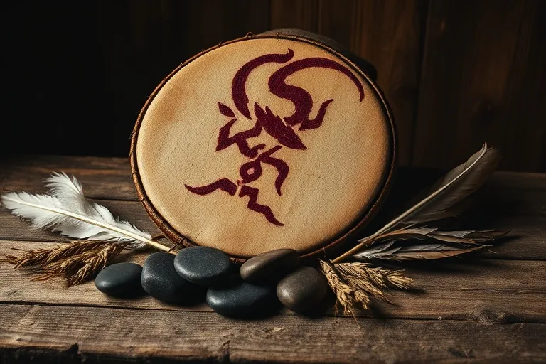 Shamanic tools on a wooden altar: deer hide drum, feather fan, river stones, dried herbs, illuminated by a warm glow.