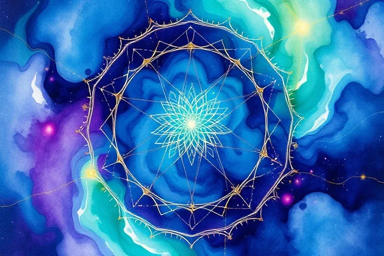 Abstract watercolor painting: swirling blues, purples, greens, with gold and silver light, representing subconscious mind and interconnectedness.