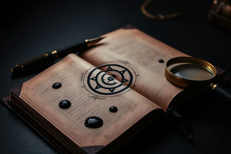 Still-life of crafting tools: pen, journal with sigil, magnifying glass, ink drops, dramatic lighting