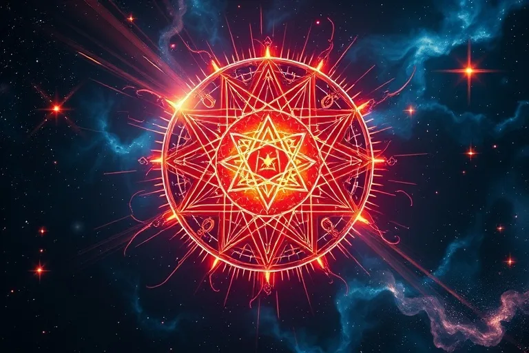 Digital illustration of energy flowing into a glowing, complex sigil in a cosmic void, dynamic light rays
