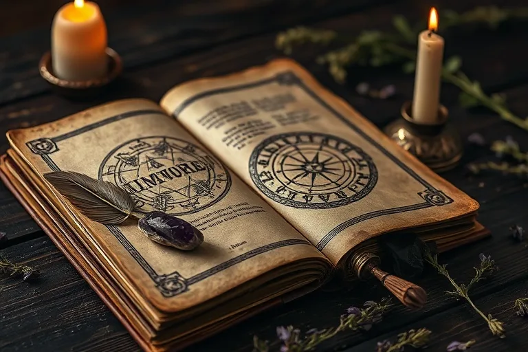 Weathered grimoire with hand-drawn sigils, antique quill, amethyst crystal, and dried herbs on a wooden table.