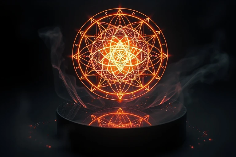 Holographic projection of interconnected sigils floating above an obsidian scrying mirror, surrounded by mist.