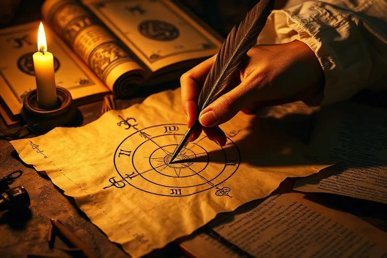 A detailed digital illustration of a hand drawing intricate lines on aged parchment with a quill pen, surrounded by esoteric texts and a flickering candle, symbolizing the creation process.