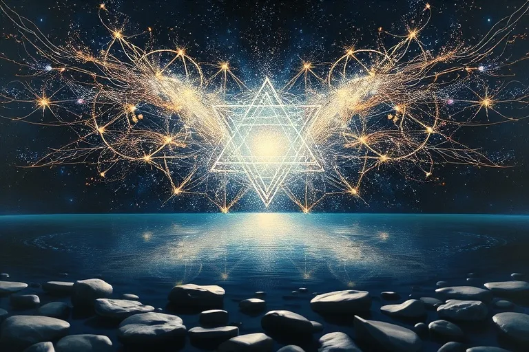 A beautiful oil painting depicting an abstract sigil dissolving into shimmering light particles over a calm, reflective pool of water, surrounded by smooth river stones, symbolizing energetic transformation and release.