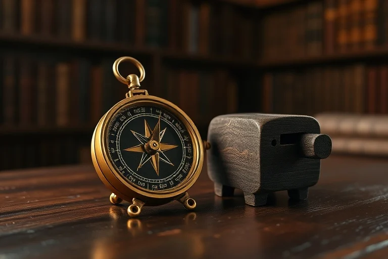 Cinematic still life of an antique brass compass and a wooden piggy bank, symbolizing the contrasting wisdom and straightforwardness of Snake and Pig.