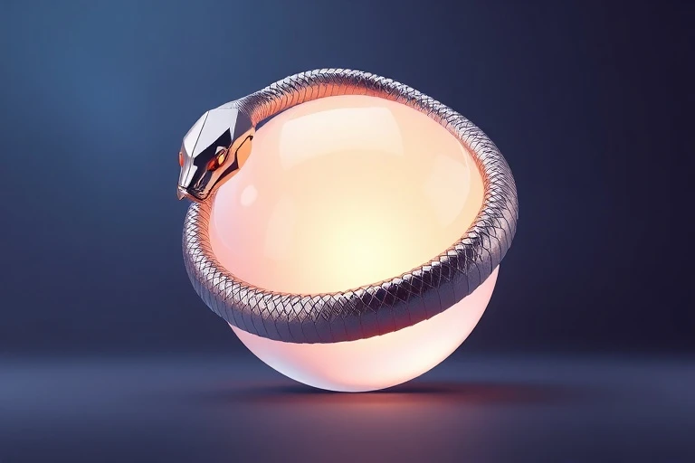 Abstract 3D render of a geometric serpent form intertwining with a smooth spherical form, symbolizing the blend of intellect and groundedness in Snake-Pig dynamics.