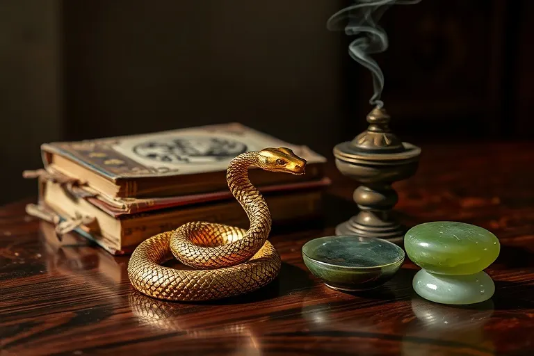 Elegant minimalist desk with a golden snake figurine, antique books, incense burner, and jade stone, under soft light.