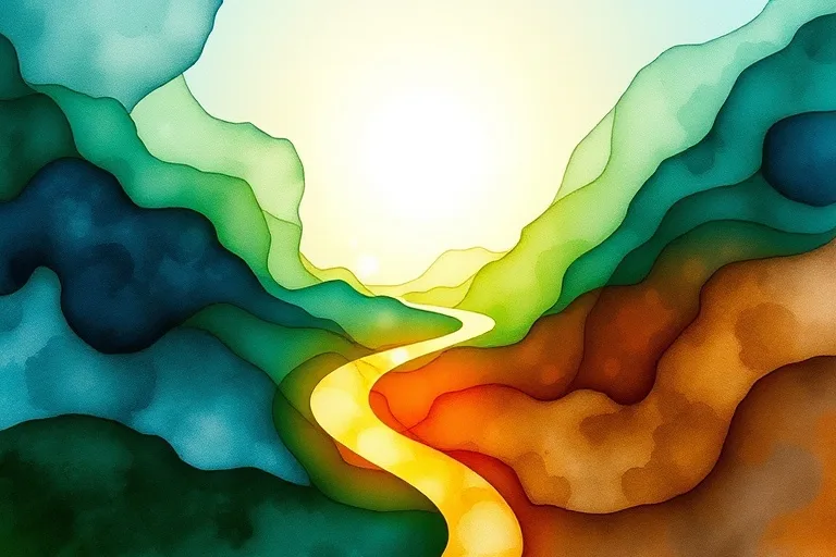 Abstract watercolor painting of deep greens, blues, and browns, suggesting a winding path through a serene landscape with light.