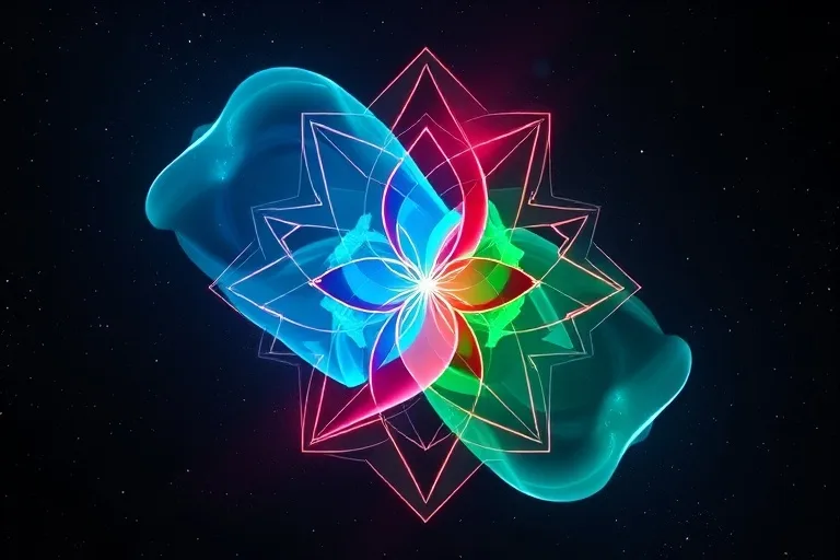 An abstract 3D render showing interlocking geometric shapes in fluid blue, jagged red, and organic green, representing the merging and interaction of elemental energies in relationships.