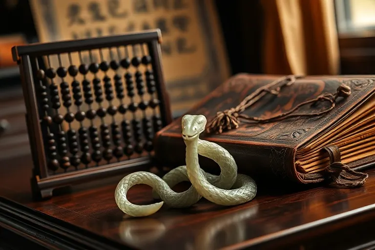 Still life photo of an antique abacus, a leather-bound ledger, and a jade snake figurine on a desk, symbolizing traditional financial wisdom.