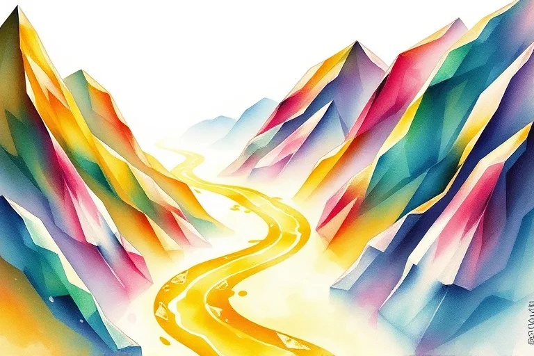 Watercolor painting of a river of liquid gold winding through geometric mountains of gems, subtly hinting at a serpentine form, symbolizing hidden wealth and continuous growth.