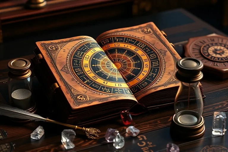3D rendered ancient book displaying a glowing astrological chart, surrounded by a quill, hourglass, and crystals on a wooden desk.
