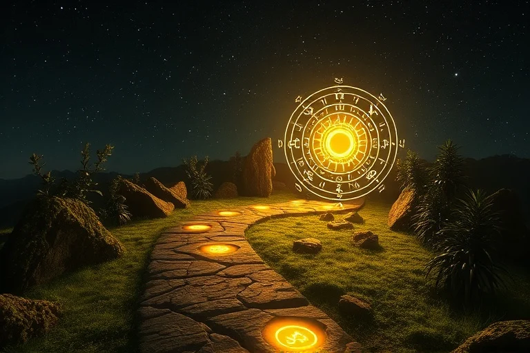 Conceptual illustration of a starlit garden path illuminated by astrological glyphs leading to a sun-shaped portal, symbolizing life's journey.