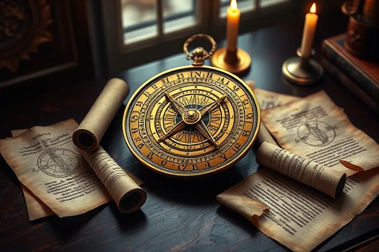 Vintage astrolabe on a wooden desk with old parchment scrolls