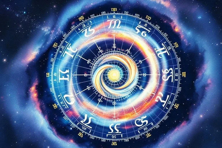 Watercolor painting of a spiral galaxy morphing into a calendar wheel