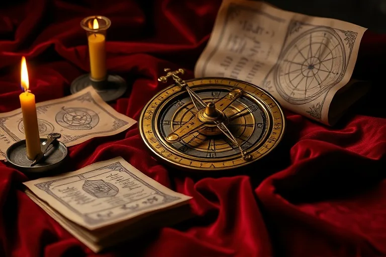 Antique brass astrolabe on velvet, surrounded by astrological scrolls and candle, symbolizing ancient forecasting