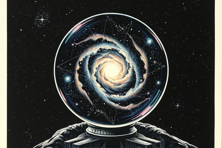 Crystal ball reflecting a swirling galaxy, symbolizing future insights and cosmic energies