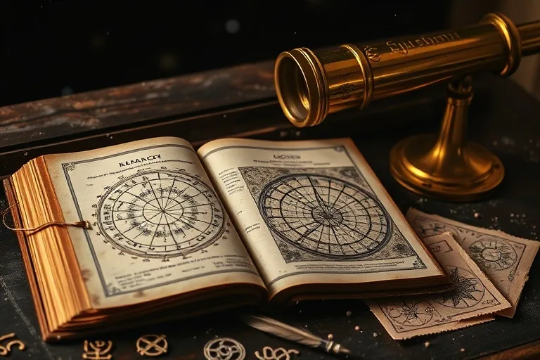 Still life photo of an astrological almanac and vintage telescope on a dusty desk, representing ancient wisdom and celestial observation.