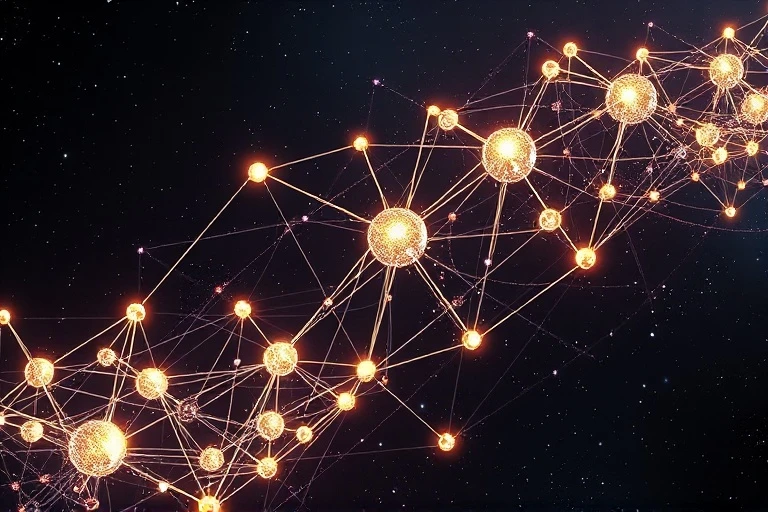 Abstract 3D render of interconnected cosmic lines and spheres, symbolizing continuous evolution and interconnectedness in astrological cycles.