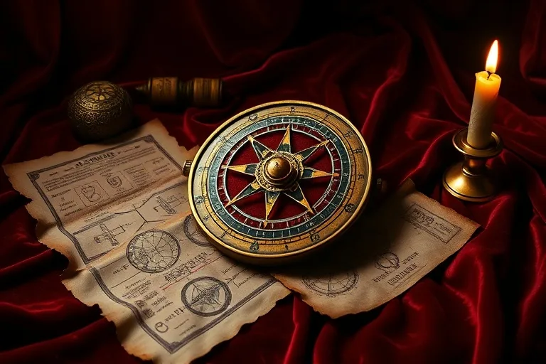 Antique astrolabe on velvet, surrounded by astrological charts and parchment scrolls, a flickering candle, dramatic chiaroscuro lighting, rich textures, arcane and mysterious.