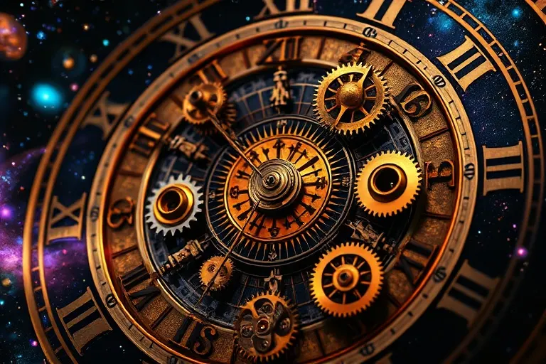 Fragmented clock face with exposed gears, each representing an astrological house or planet, some turning rapidly, others slowly, against a dark, starry background, intricate mechanical details, vibrant cosmic colors.