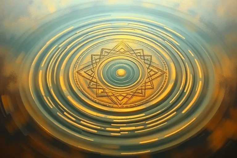 Abstract oil painting of concentric ripples on water, warm light, symbolizing healing vibrations and inner peace