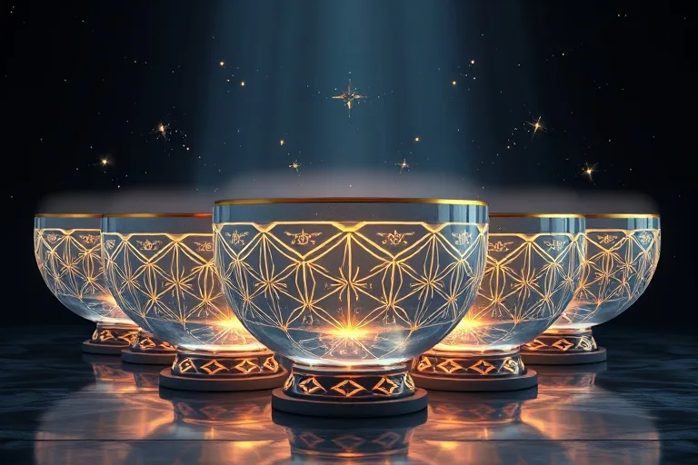 3D digital illustration of crystal singing bowls with intricate geometric patterns and ethereal light, no humans.