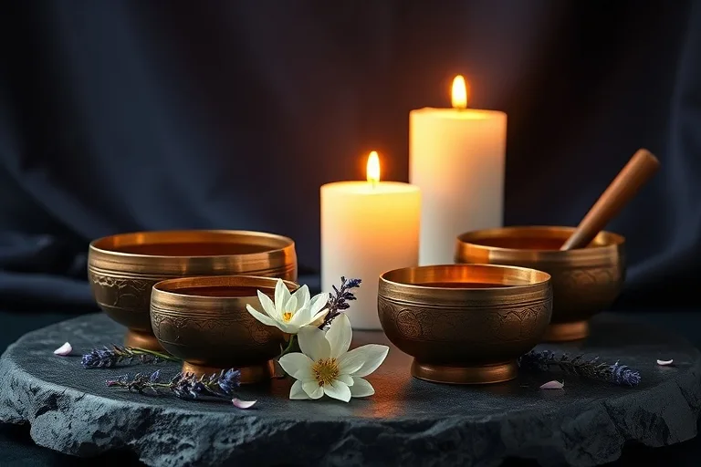 Cinematic still life of antique Tibetan singing bowls with flowers and candlelight