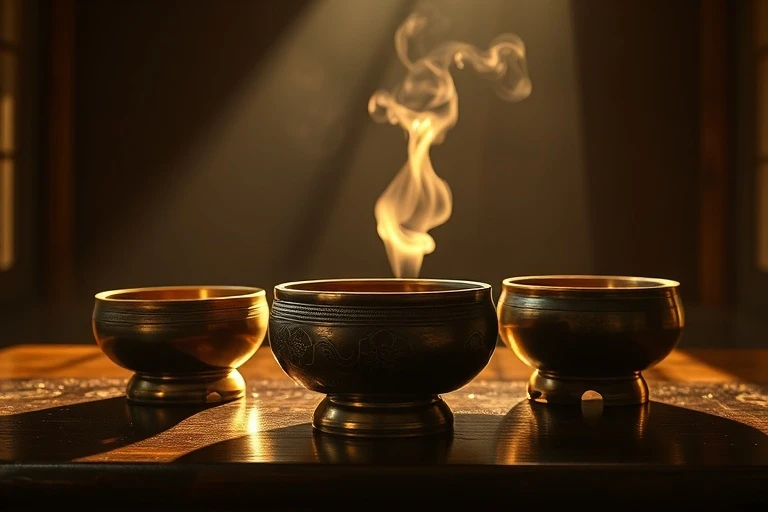 Cinematic still life of antique Tibetan singing bowls and gongs