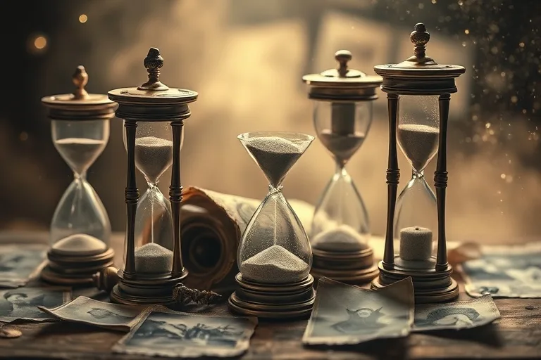 Antique hourglasses and faded photographs symbolizing karmic echoes from past lives