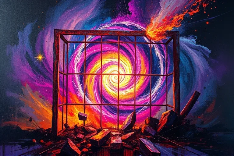 Abstract oil painting of a vortex breaking free from a cage, symbolizing liberation